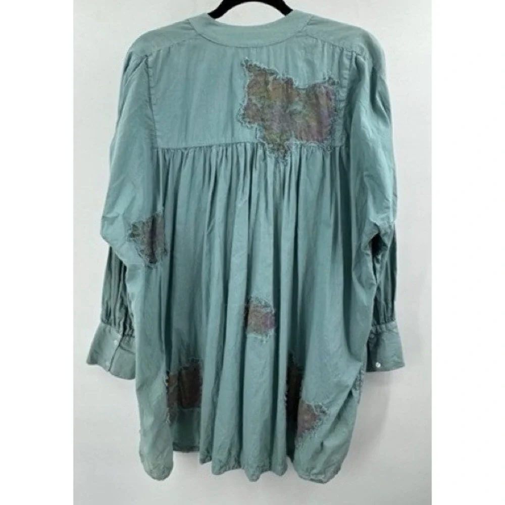 Free People Blue Floral Patch Pintuck Buttons Tunic Top SMALL Boho Cottage